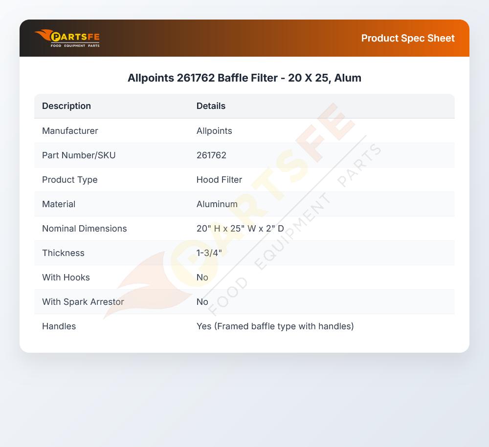 Allpoints 261762 Baffle Filter  - 20 X 25, Alum