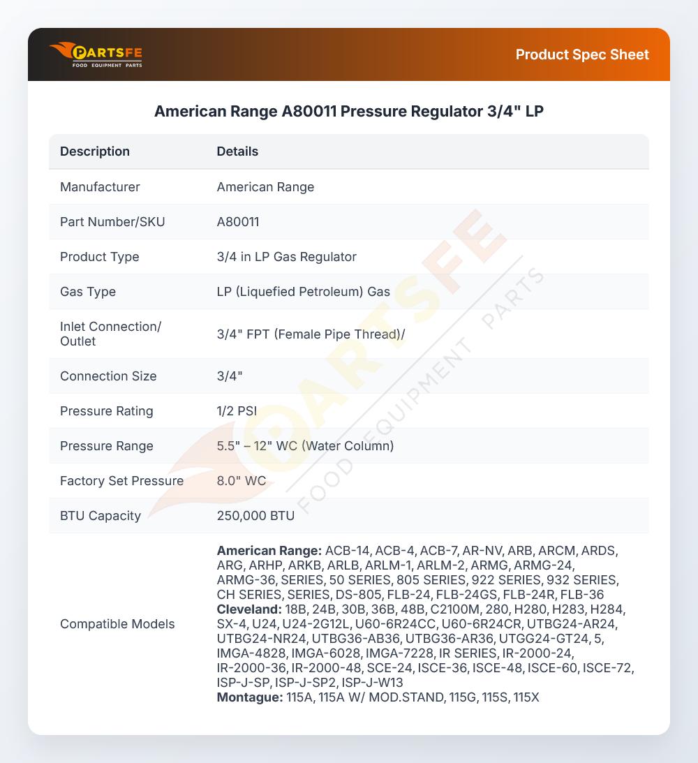 American Range A80011 Gas Pressure Regulator 3/4" LP
