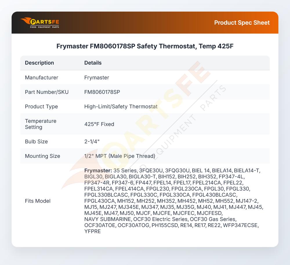 Frymaster FM8060178SP Fryer High-Limit/Safety Thermostat Kit 425&deg;F 2-1/4" Bulb 1/2" MPT
