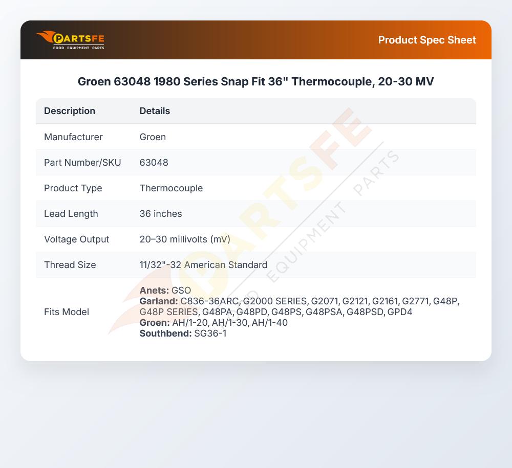 Groen 63048 1980 Series Snap Fit 36" Thermocouple, 20-30 MV
