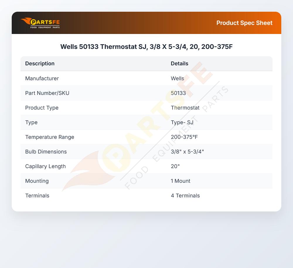 Wells 50133 Thermostat SJ 3/8" X 5-3/4" X 20" 200-375&deg;F