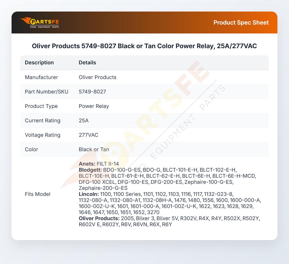 Oliver Products 5749-8027 Black or Tan Color Power Relay, 25A/277VAC