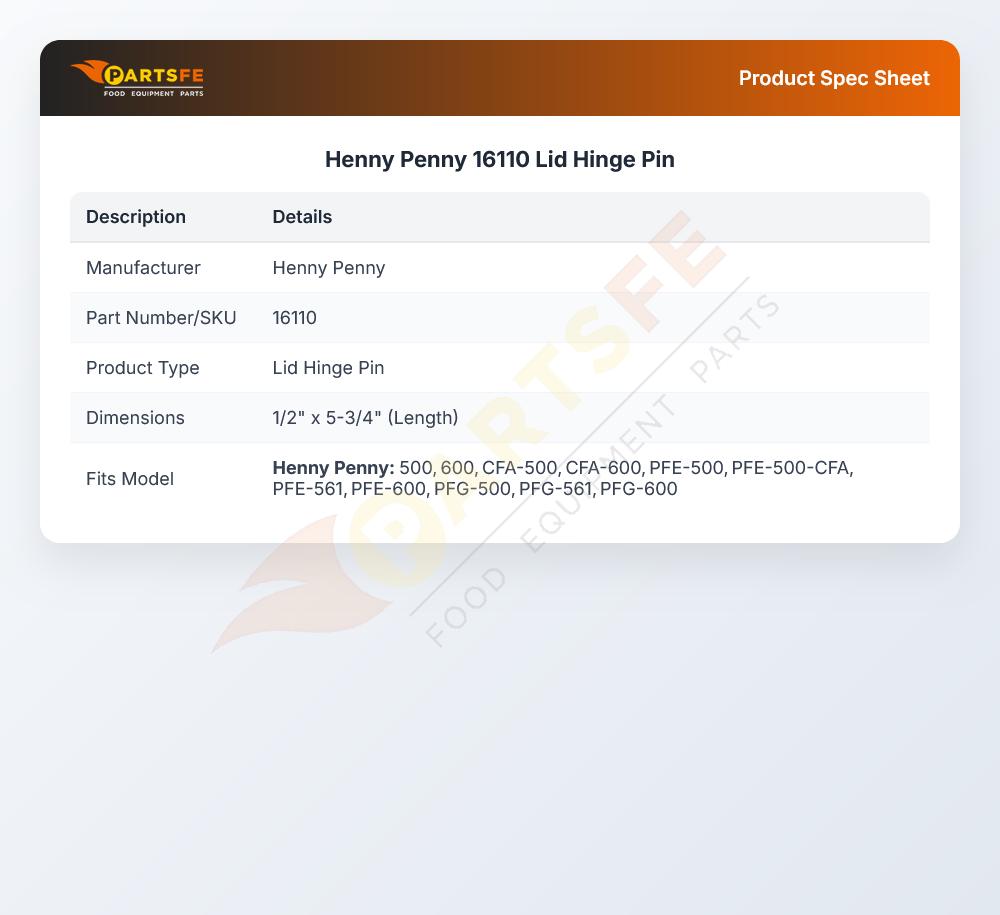 Henny Penny 16110 Lid Hinge Pin