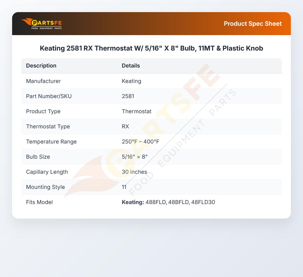 Keating 2581 RX Thermostat 5/16" X 8" 245&deg;F-400&deg;F Range