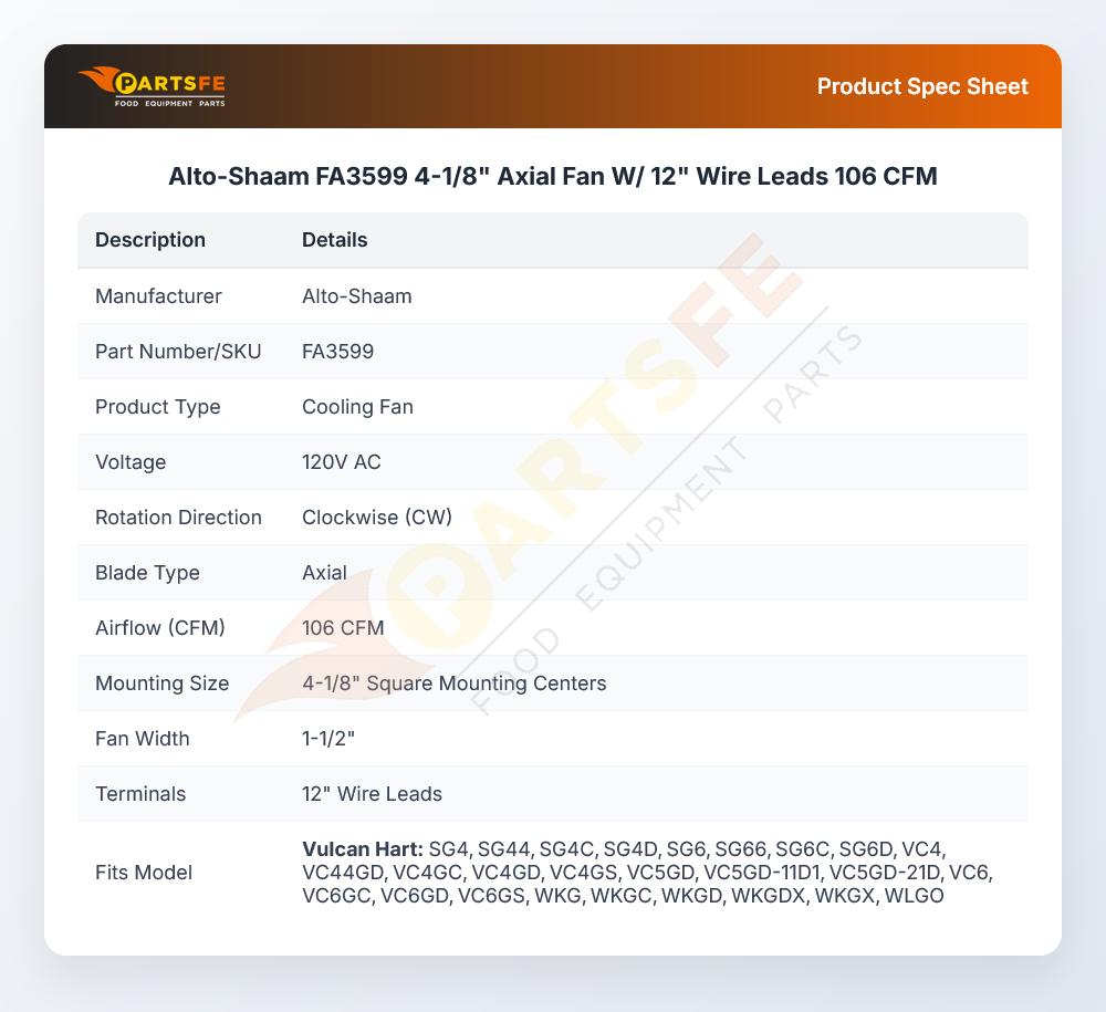 Alto-Shaam FA3599 4-1/8" Axial Fan W/ 12" Wire Leads 106 CFM