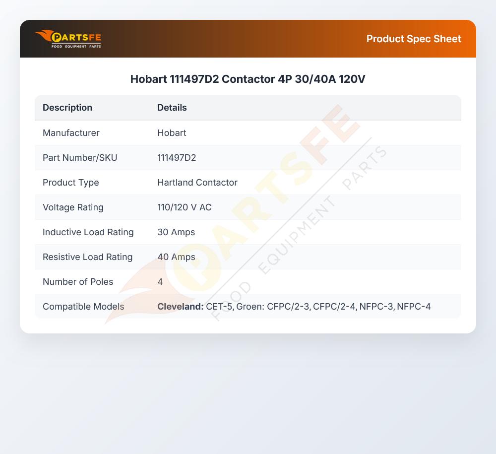 Hobart 111497D2 Contactor 4P 30/40A 120V