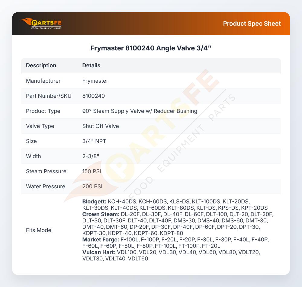 Frymaster 8100240 Angle Valve 3/4"