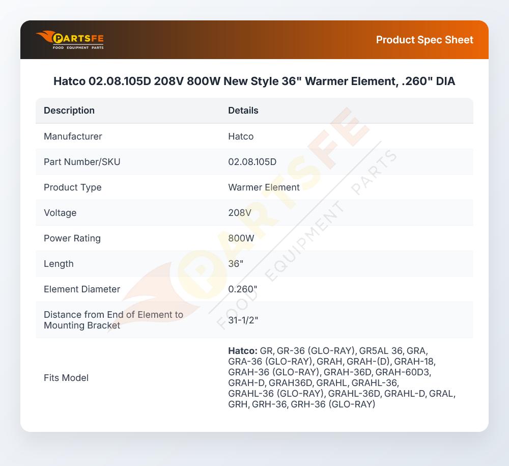 Hatco 02.08.105D 208V 800W New Style 36" Warmer Element, .260" DIA