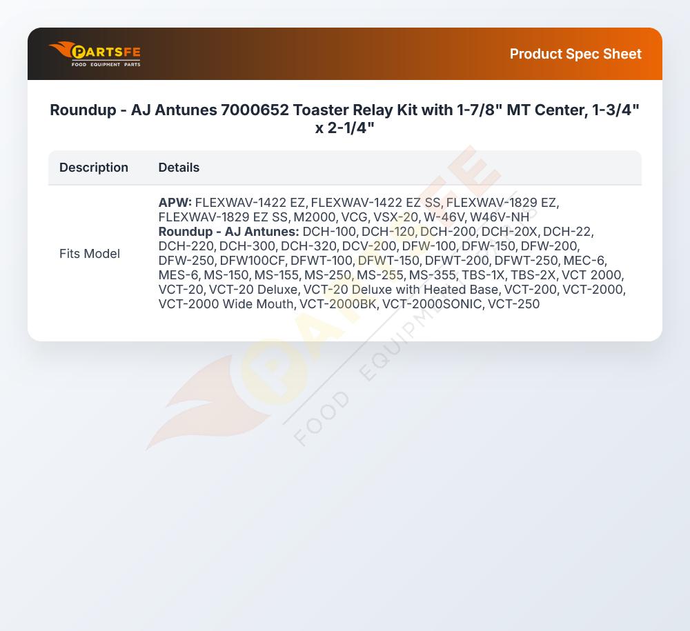 Roundup - AJ Antunes 7000652 Toaster Relay Kit with 1-7/8" MT Center, 1-3/4" x 2-1/4"
