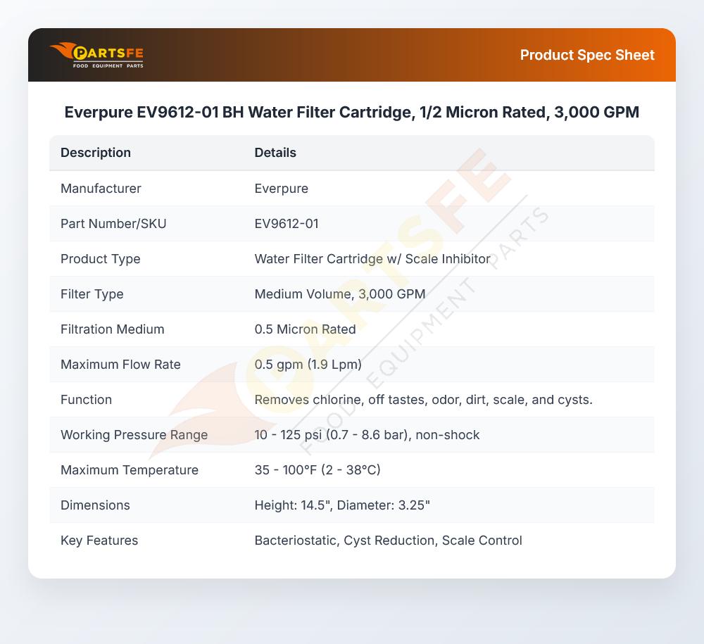 Everpure EV9612-01 BH Water Filter Cartridge, 1/2 Micron Rated, 3,000 GPM