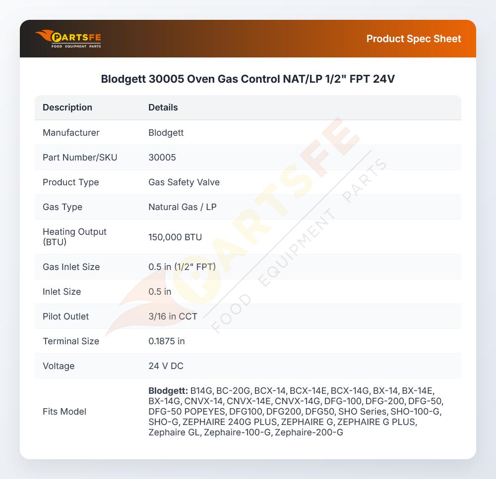 Blodgett 30005 Oven Gas Control NAT/LP 1/2" FPT 24V