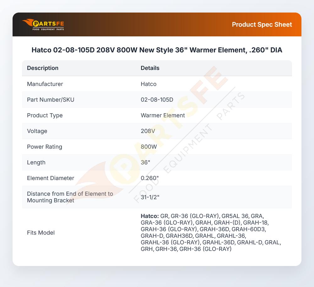 Hatco 02-08-105D 208V 800W New Style 36" Warmer Element, .260" DIA