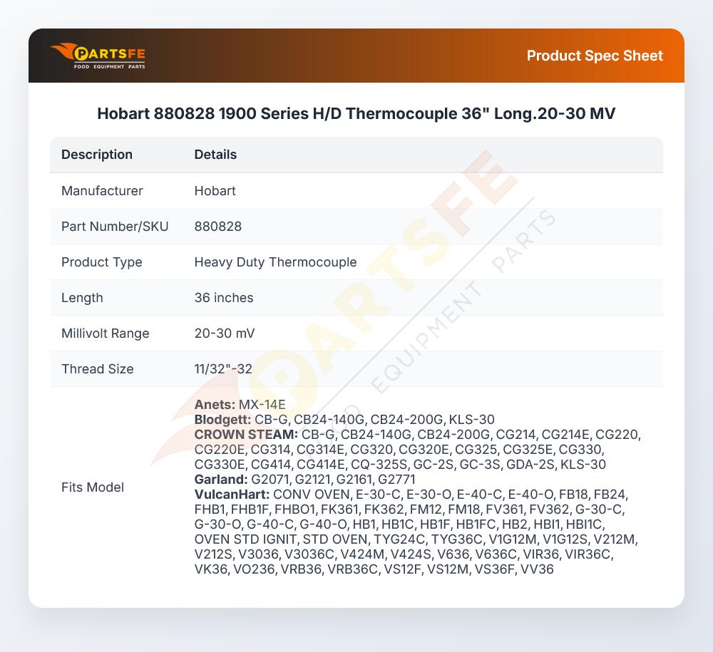 Hobart 880828 1900 Series H/D Thermocouple 36" Long.20-30 MV