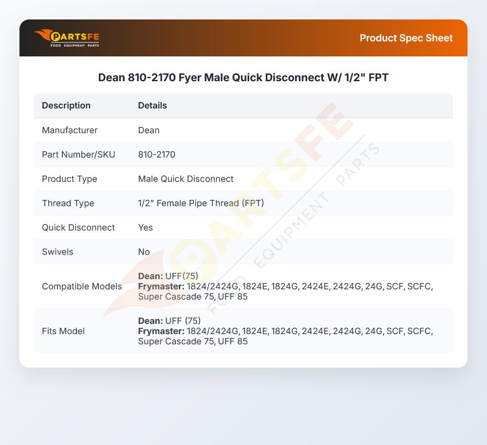 Dean 810-2170 Fyer Male Quick Disconnect W/ 1/2" FPT