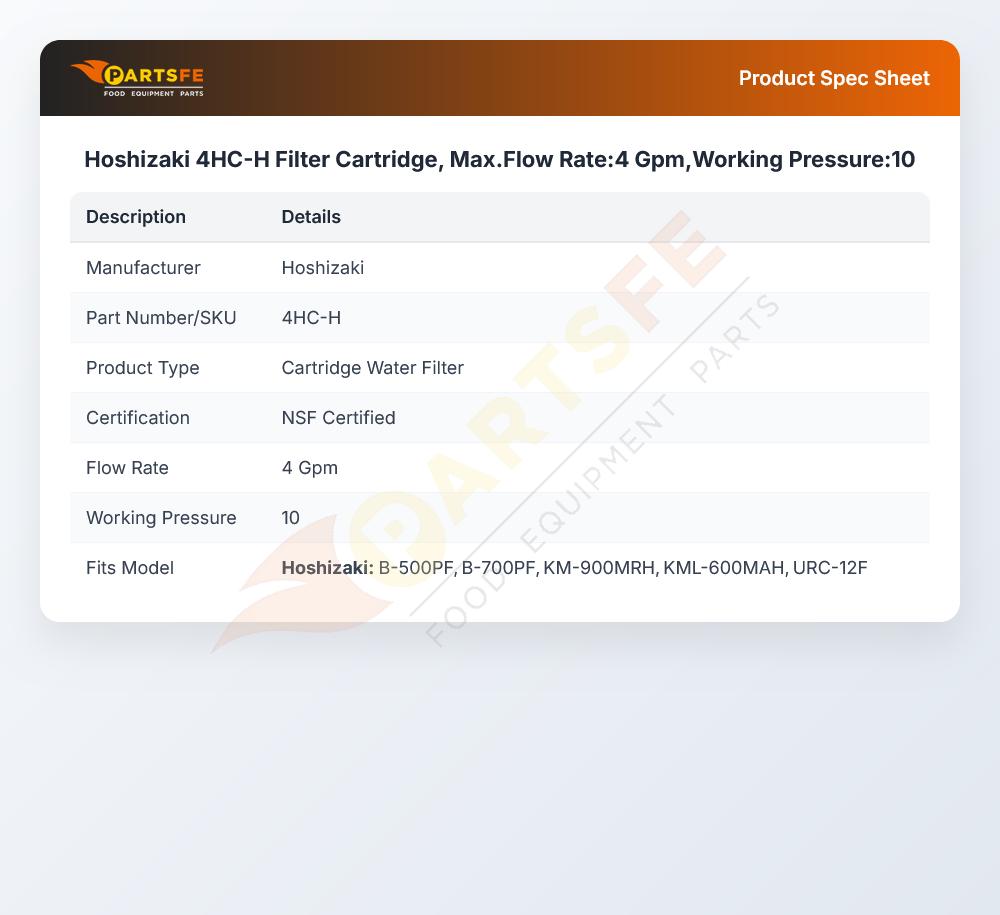 Hoshizaki 4HC-H Filter Cartridge, Max.Flow Rate:4 Gpm,Working Pressure:10