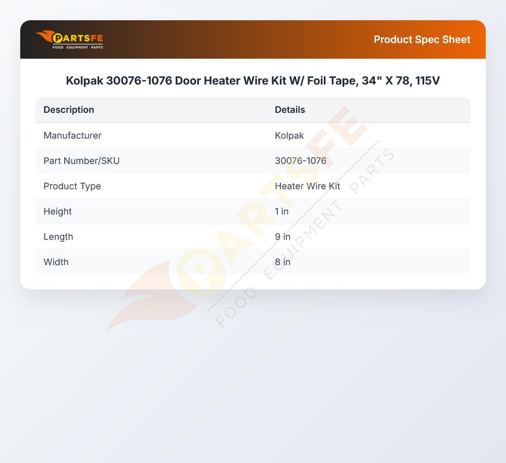 Kolpak 30076-1076 Door Heater Wire Kit W/ Foil Tape, 34" X 78, 115V