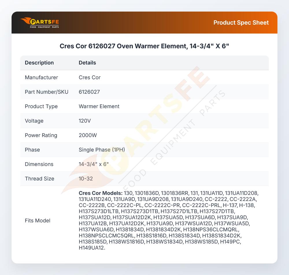 Cres Cor 6126027 Oven Warmer Element, 14-3/4" X 6"