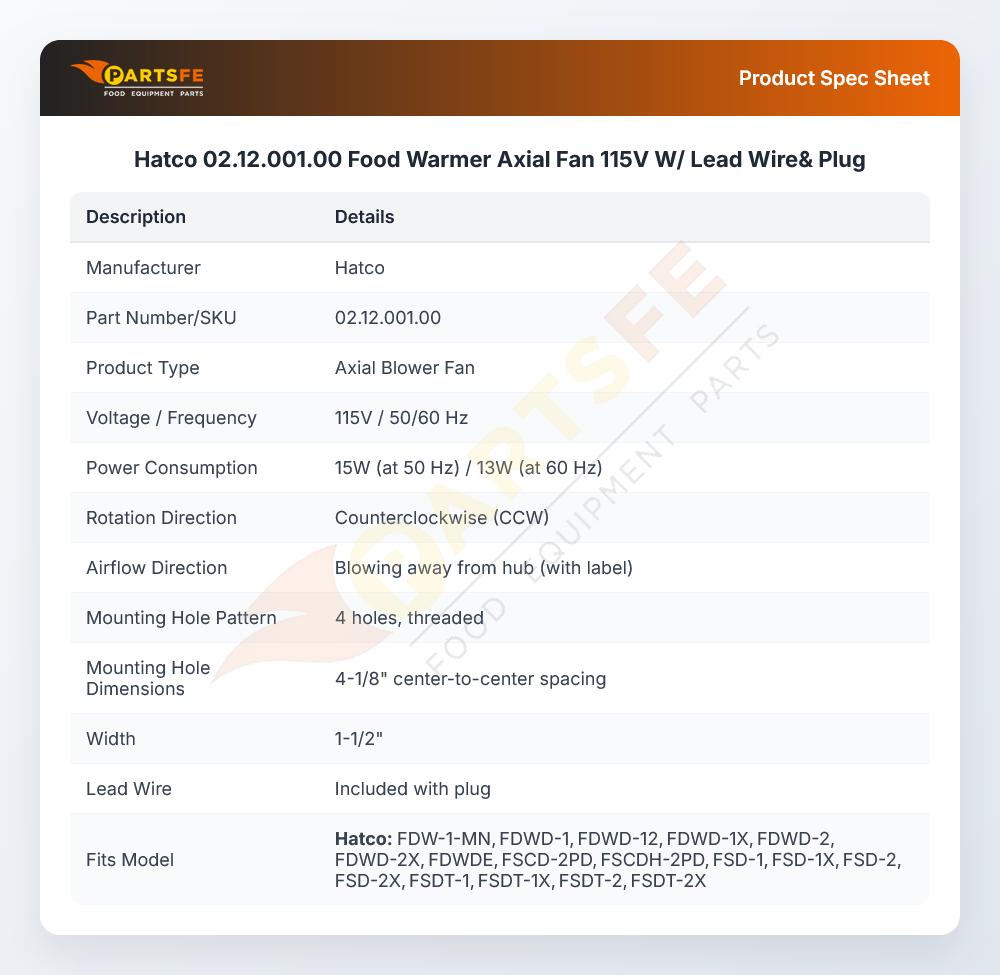 Hatco 02.12.001.00 Food Warmer Axial Fan 115V 50/60Hz