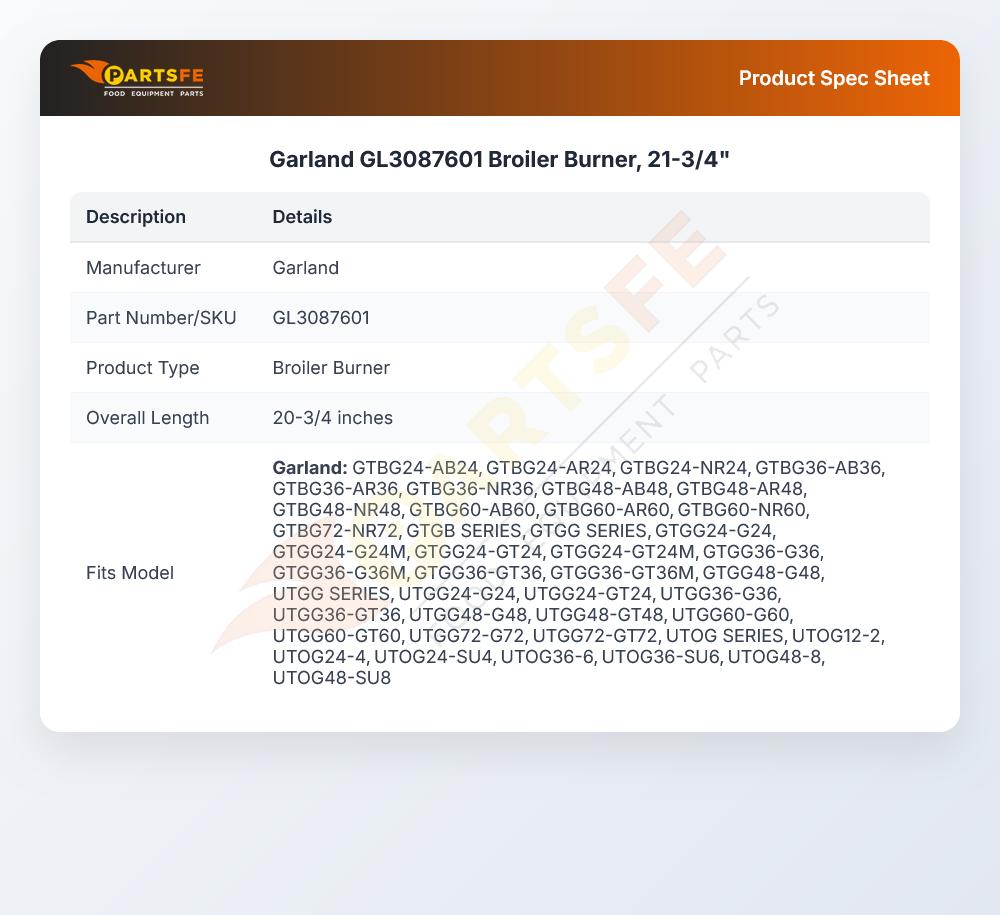 Garland GL3087601 Broiler Burner, 21-3/4"