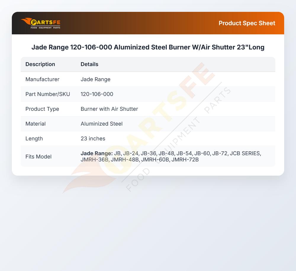 Jade Range 120-106-000 Aluminized Steel Burner W/Air Shutter 23"Long