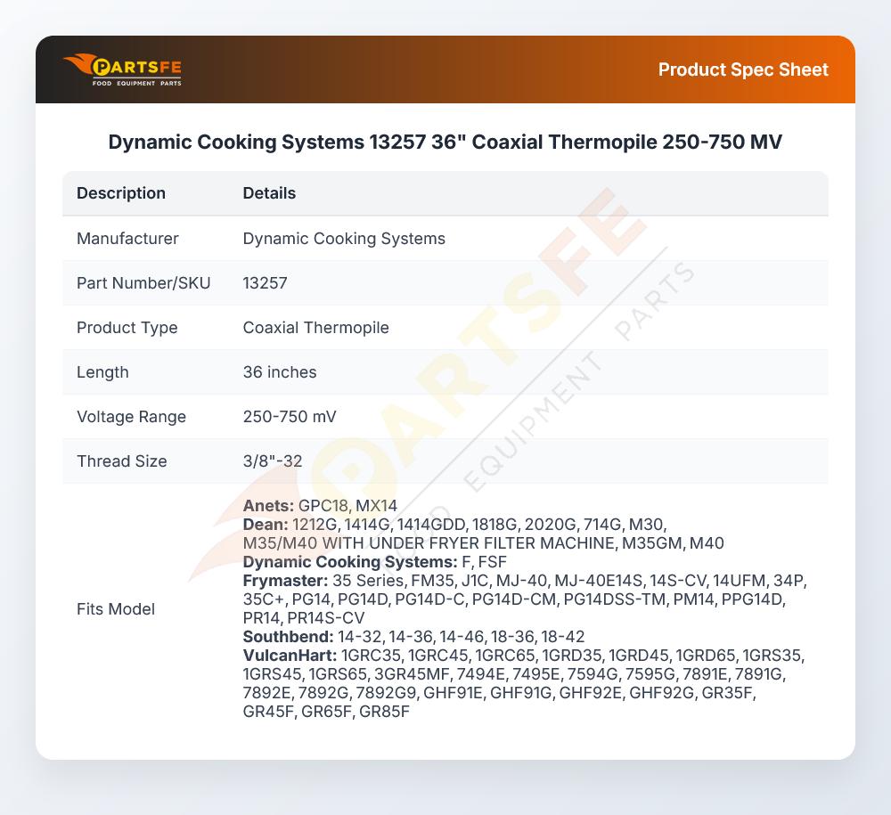 Dynamic Cooking Systems 13257 36" Coaxial Thermopile 250-750 MV
