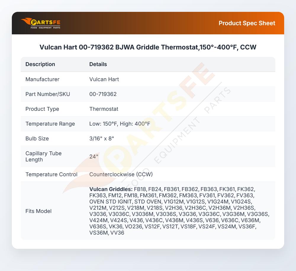 Vulcan Hart 00-719362 BJWA Griddle Thermostat 150&deg;-400&deg;F CCW