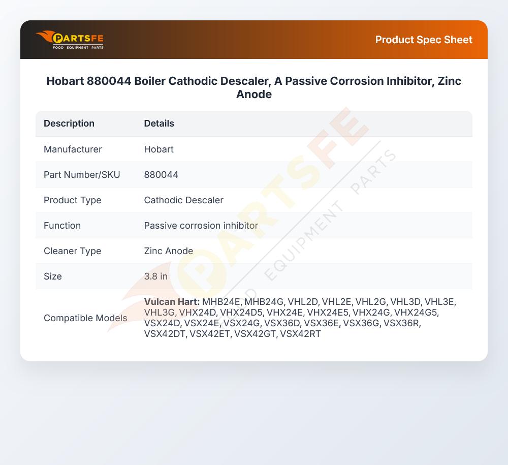 Hobart 880044 Boiler Cathodic Descaler, A Passive Corrosion Inhibitor, Zinc Anode
