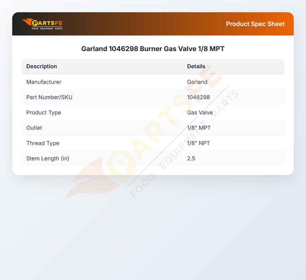 Garland 1046298 Burner Gas Valve 1/8 MPT
