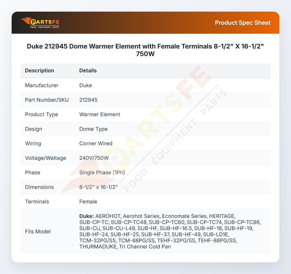 Duke 212945 Dome Warmer Element with Female Terminals 8-1/2" X 16-1/2" 750W