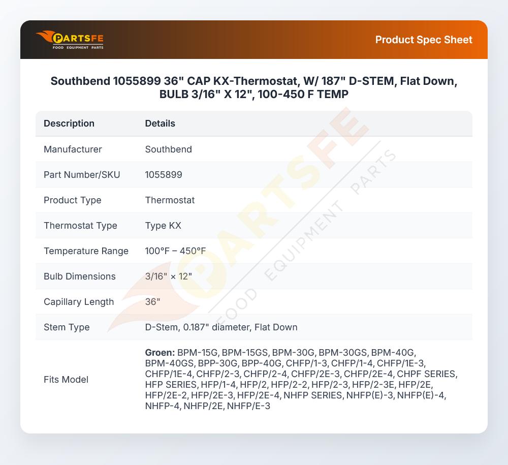 Southbend 1055899 Thermostat 3/16" X 12" 36" 450&deg;F Cap KX