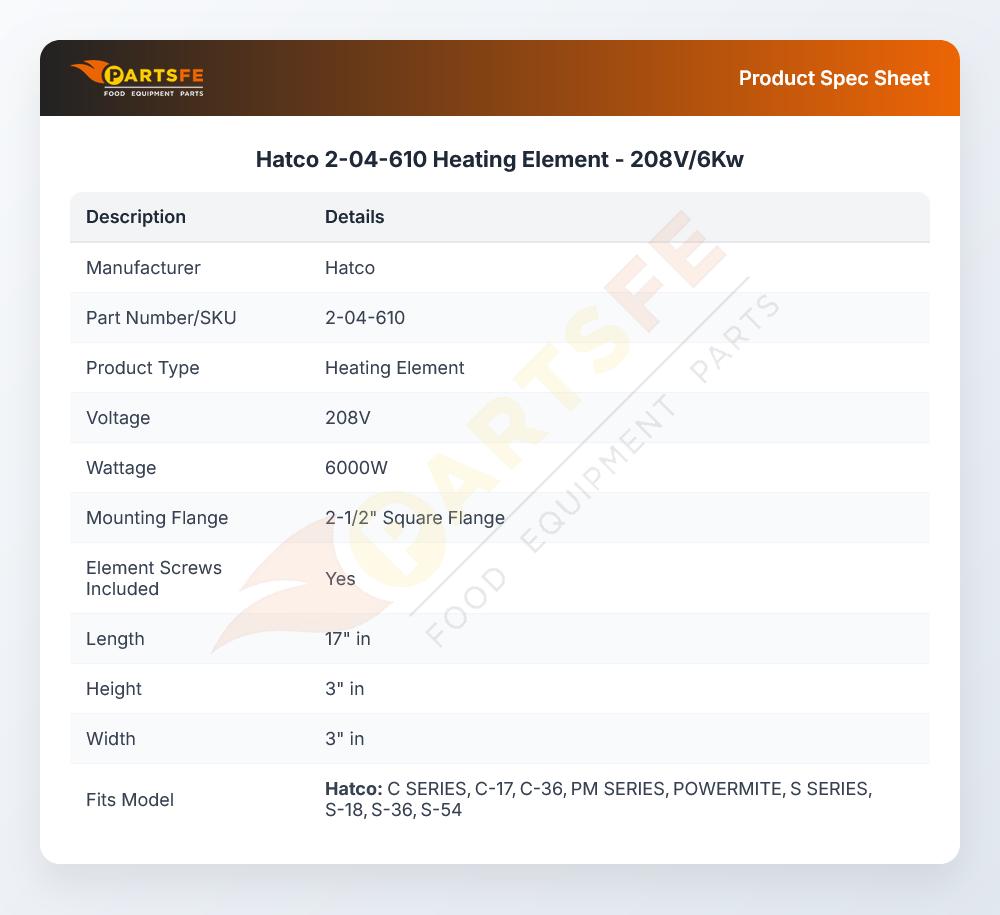 Hatco 2-04-610 Heating Element  - 208V/6Kw