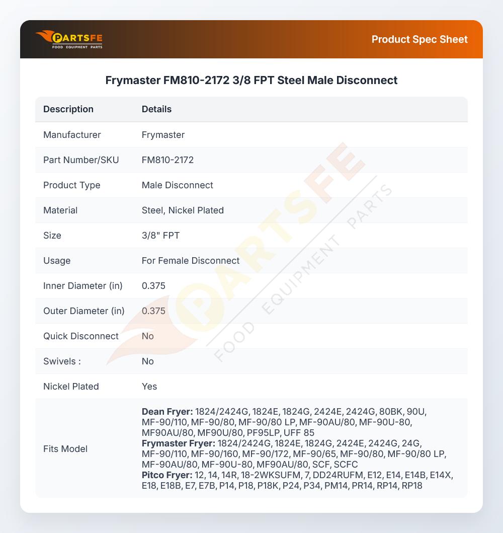 Frymaster FM810-2172 3/8 FPT Steel Male Disconnect