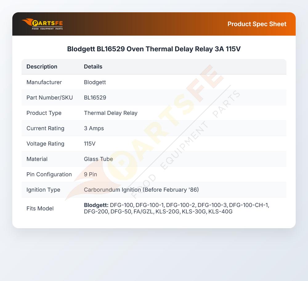 Blodgett BL16529 Oven Thermal Delay Relay 3A 115V