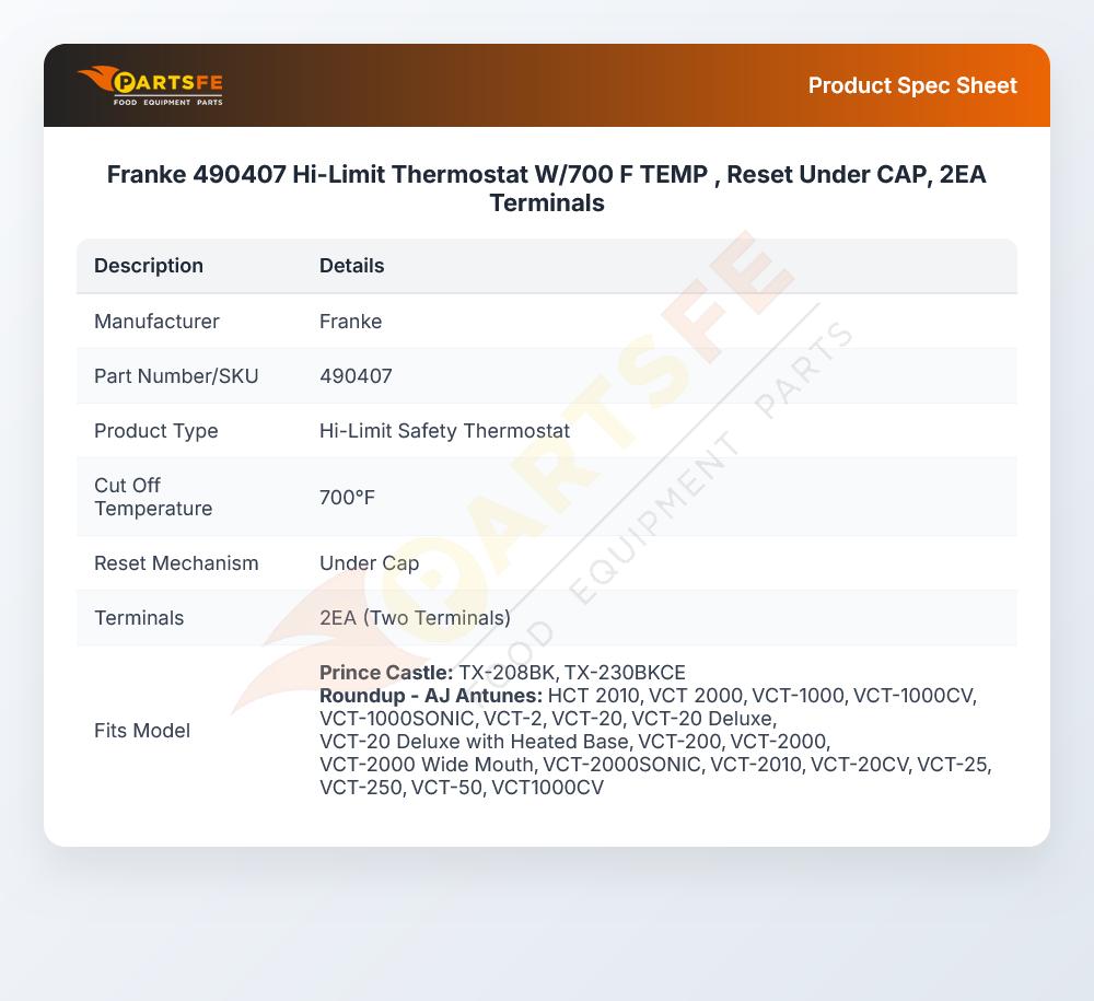 Franke 490407 Hi-Limit Thermostat W/700 F TEMP , Reset Under CAP, 2EA Terminals
