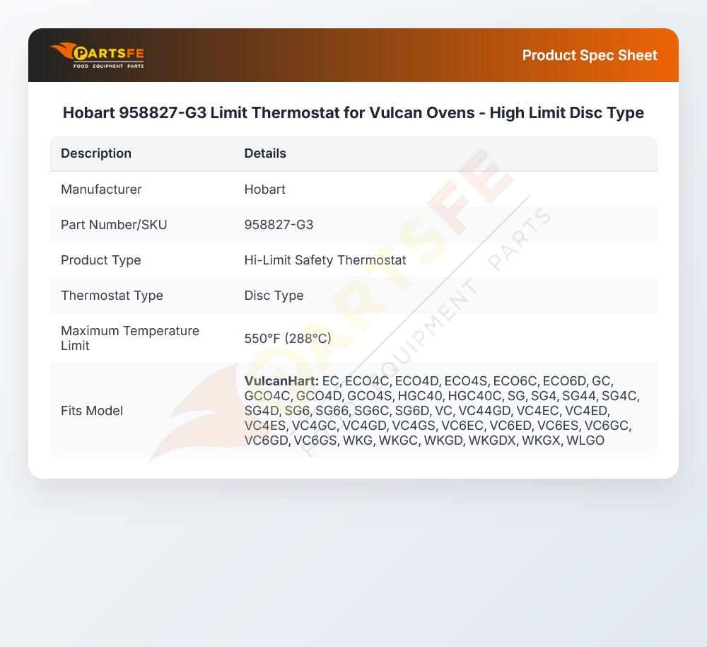 Hobart 958827-G3 Limit Thermostat for Vulcan Ovens - High Limit Disc Type