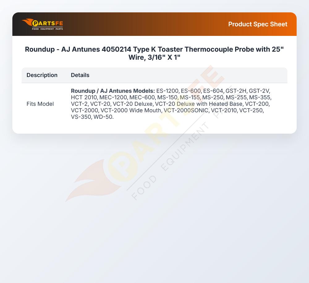 Roundup - AJ Antunes 4050214 Thermocouple Probe W/25" Wire 3/16" X 1"  Type K