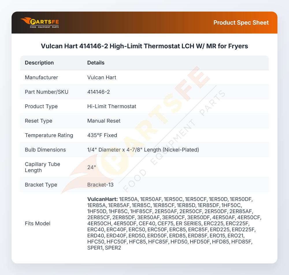 Vulcan Hart 414146-2 High-Limit Thermostat LCH W/ MR for Fryers