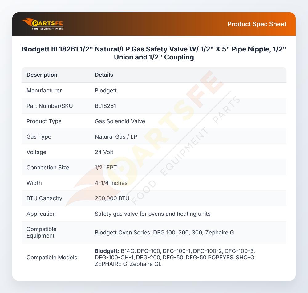 Blodgett BL18261 NAT/LP Gas Safety Valve 1/2" W/1/2" X 5" Pipe Nipple 1/2" Union & Coupling 24V
