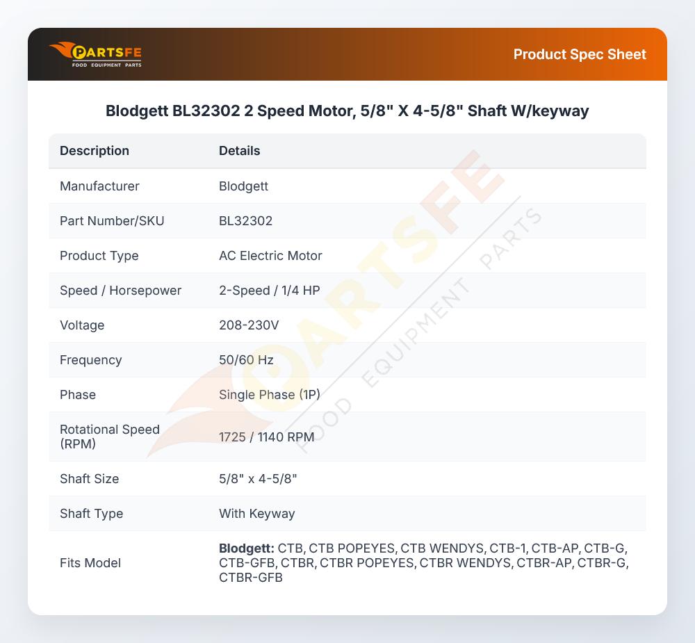 Blodgett BL32302 Oven 2 Speed Motor 5/8" X 4-5/8" Shaft W/keyway
