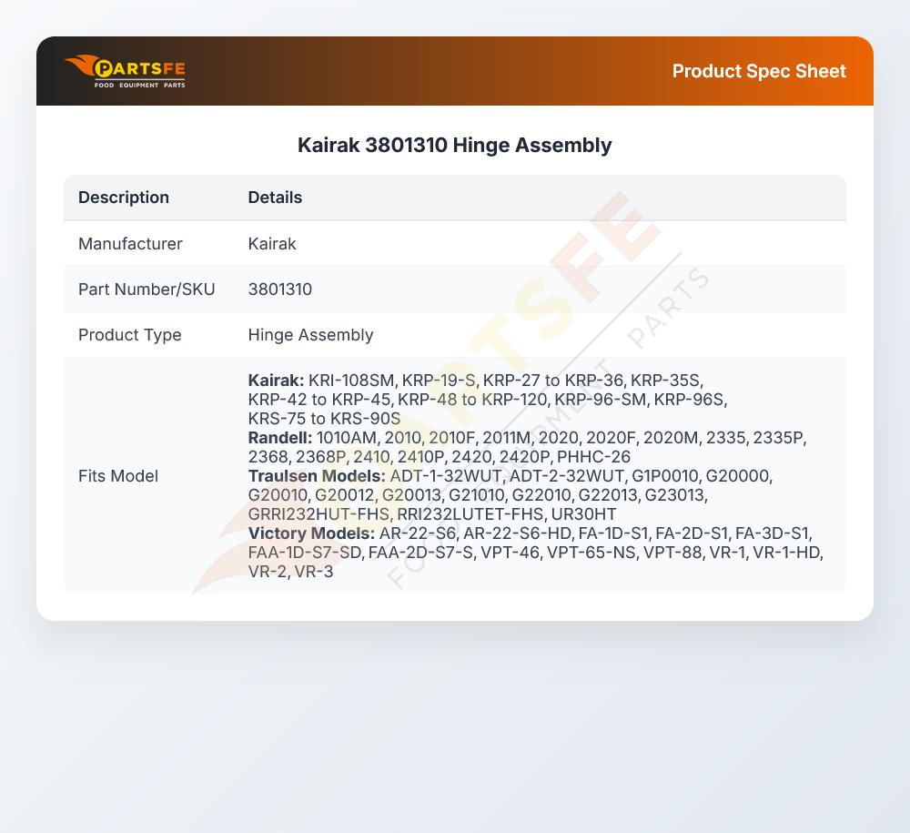 Kairak 3801310 Hinge Assembly