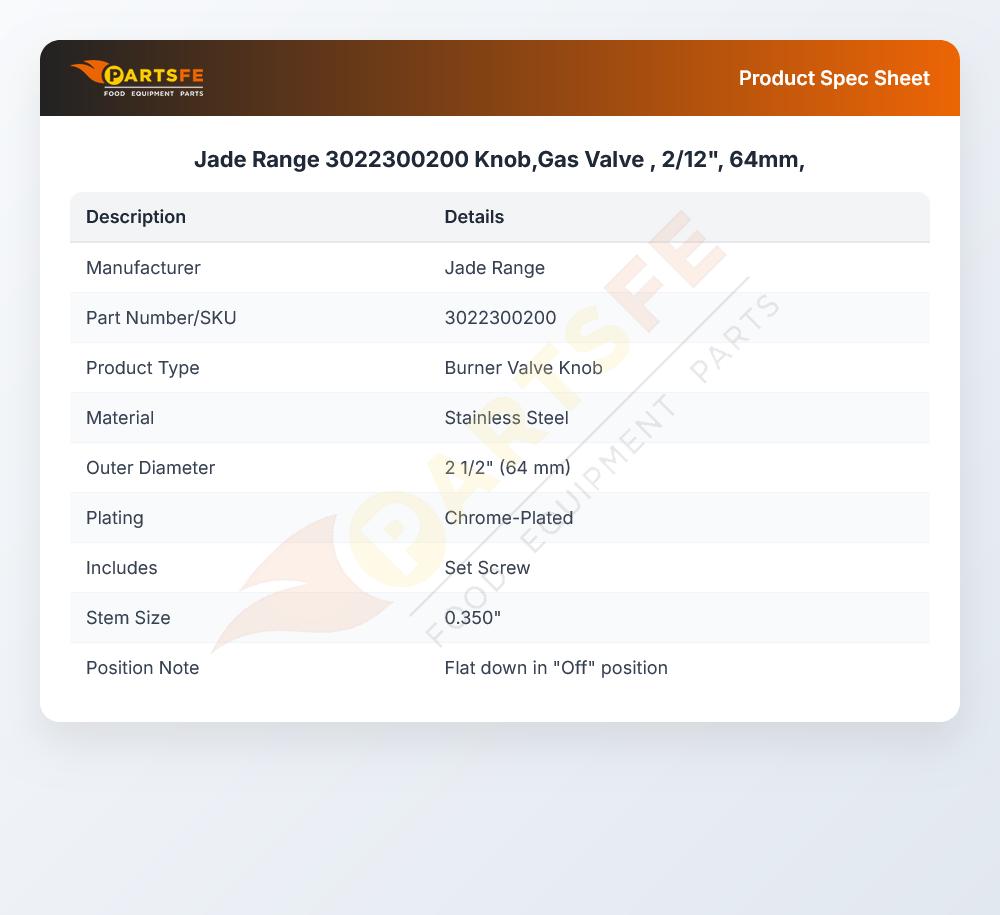 Jade Range 3022300200 Knob,Gas Valve , 2/12", 64mm,