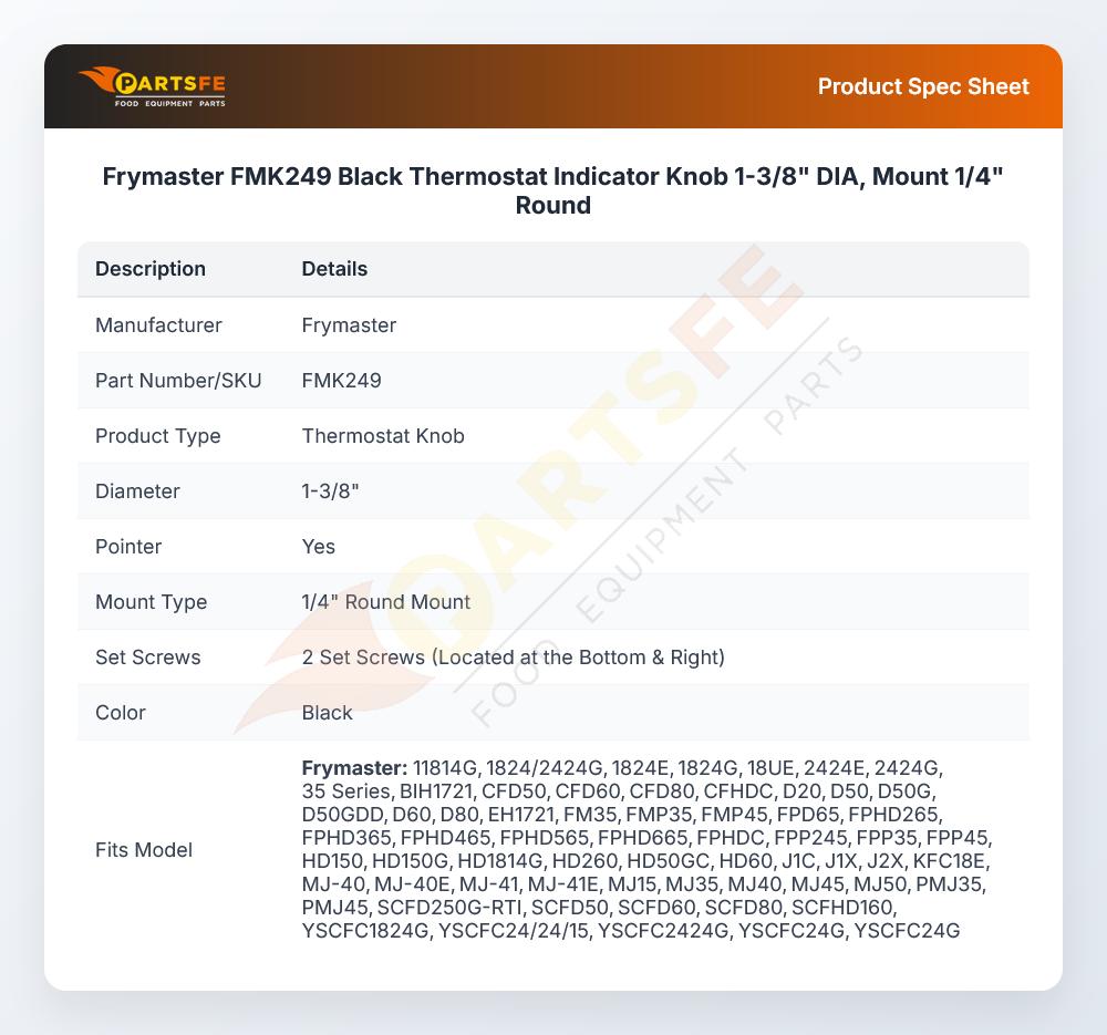Frymaster FMK249 Black Thermostat Indicator Knob 1-3/8" DIA, Mount 1/4" Round