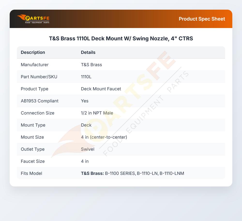 T&S Brass 1110L Deck Mount W/ Swing Nozzle, 4" CTRS