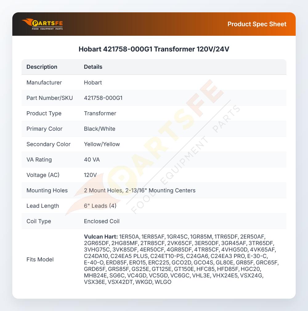 Hobart 421758-000G1 Transformer 120V/24V