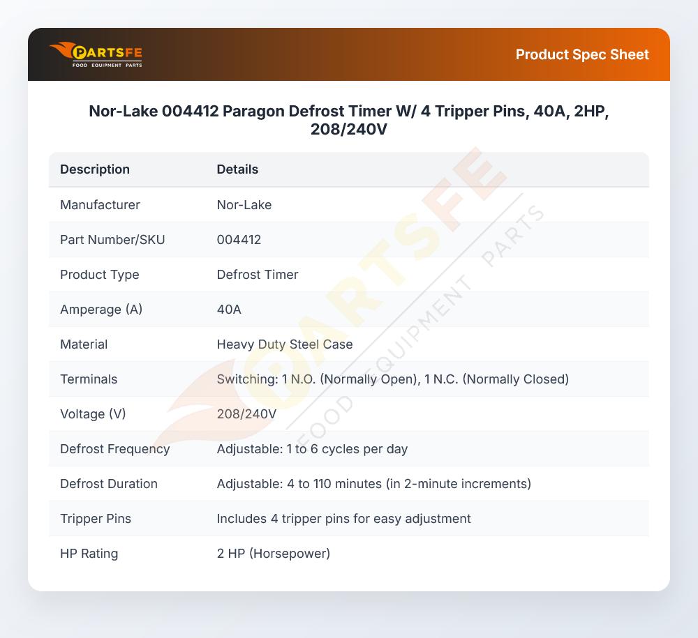 Nor-Lake 004412 Paragon Defrost Timer W/ 4 Tripper Pins 40A 2HP 208/240V