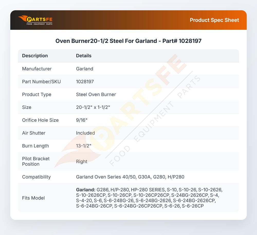 Garland 1028197 Oven Burner Assembly Steel 20-1/2"