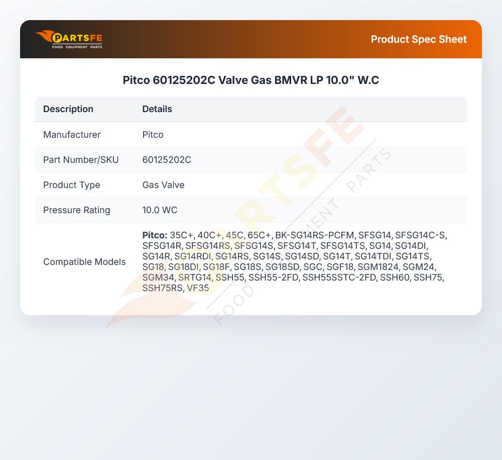 Pitco 60125202C Gas Valve LP 10.0" WC BMVR