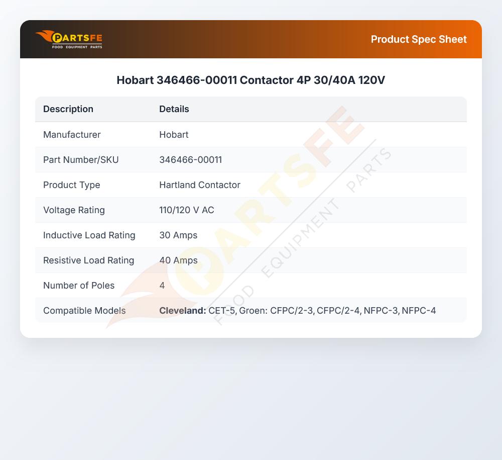 Hobart 346466-00011 Contactor 4P 30/40A 120V