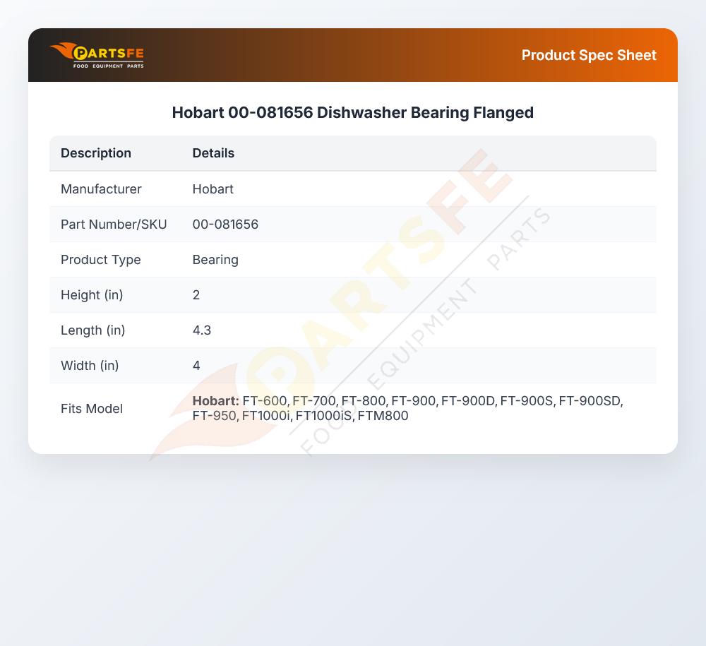 Hobart 00-081656 Dishwasher Bearing Flanged