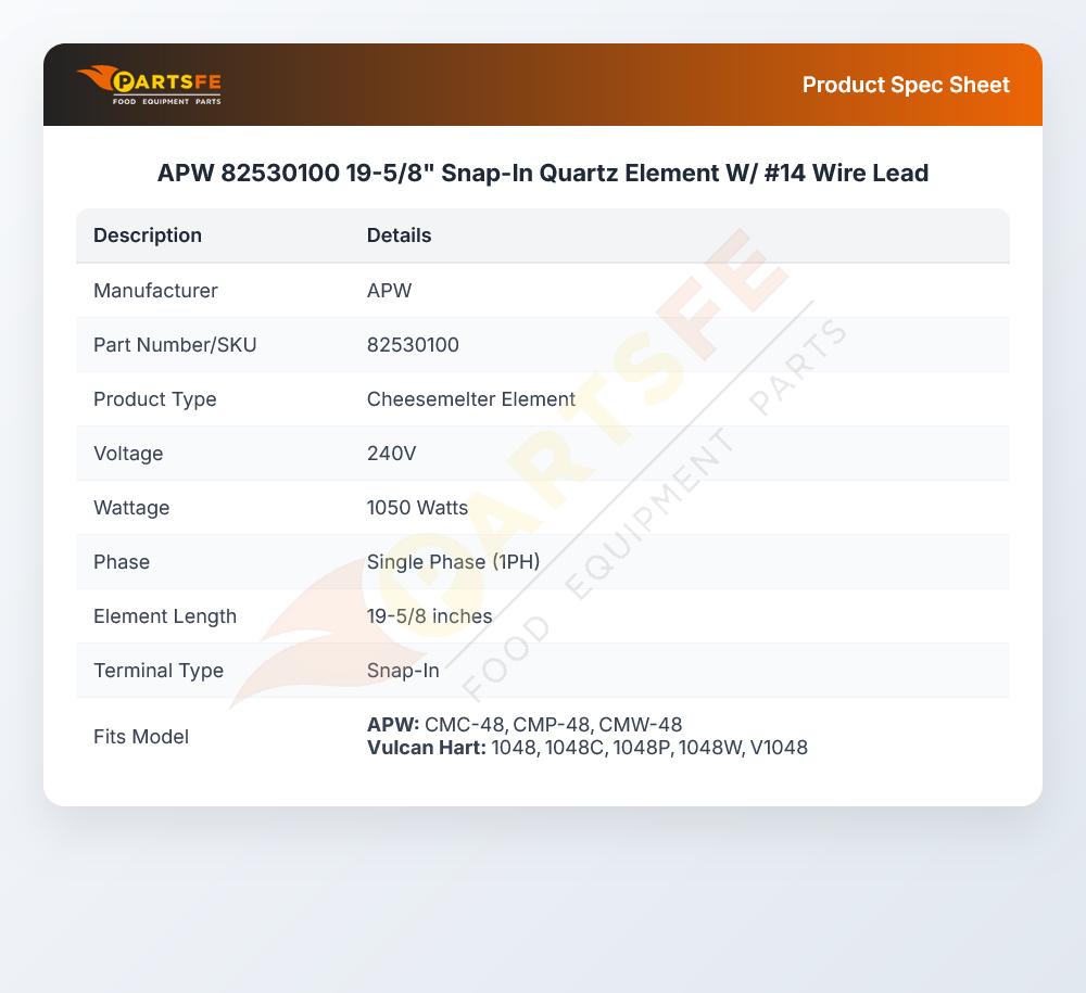 APW 82530100 Quartz Element 19-5/8" 1050W 240V Snap-In